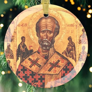 Glass St Nicholas Christmas Ornament, Orthodox Icon, Christian Gifts, Orthodox Catholic Christmas Gift, Religious Decor, Orthodox Xmas gifts
