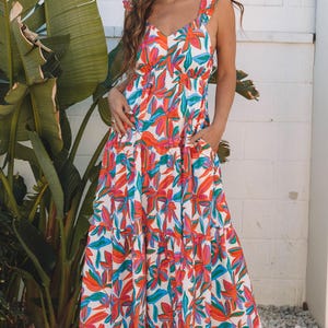 Red Boho Floral Ruffle Strap V-Neck Maxi Dress – Vacation Beach Long Dress