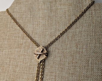 Victorian Solid 14K Gold Lariat Necklace: Engraved Black Enamel Slide, c. 1890