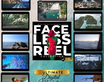 Puede incluir: Un collage de imágenes que muestran 80 carretes de viaje, un paquete de marketing digital y el texto "Face Less Reel Collection". Las imágenes presentan diversos paisajes pintorescos, incluyendo montañas, cascadas, bosques y masas de agua.