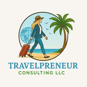 May include: A woman in a blue suit and a hat walks on a beach with a suitcase. A palm tree and a globe are in the background. The text "TRAVELPRENEUR CONSULTING LLC" is below the image.