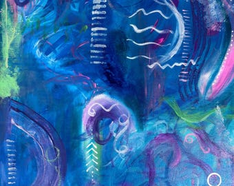 May include: Abstract painting with a blue background and white, pink, and purple accents. The painting features a variety of shapes and lines, including circles, waves, and arrows. The artist's signature is visible in the bottom right corner.