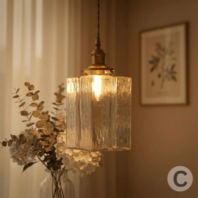 May include: A pendant light with a clear, textured glass shade and a brass-coloured metal base. The light fixture has a single bulb illuminating the textured glass. The light hangs from a cord, and is a decorative element.