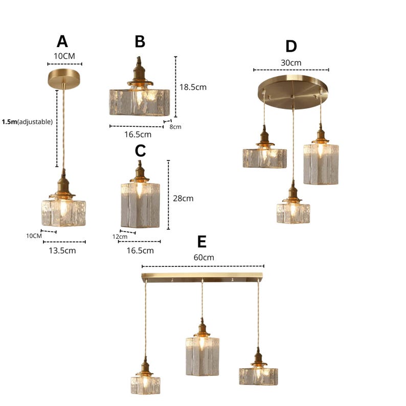 May include: A selection of pendant lights featuring gold-toned metalwork and textured glass shades. Designs include single, double, and triple light fixtures. Measurements are in centimetres and metres.