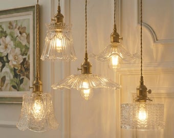 Ribbed Glass Pendant Light, Modern Hanging Chandelier for Kitchen Island - Vintage Farmhouse Bathroom Fixture