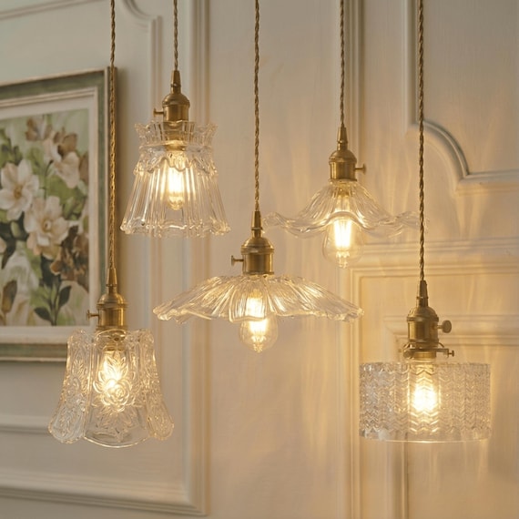 Ribbed Glass Pendant Light, Modern Hanging Chandelier for Kitchen Island - Vintage Farmhouse Bathroom Fixture