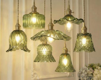 Lámpara colgante de cristal verde, moderna lámpara colgante para isla de cocina - Accesorio de baño vintage de estilo rústico