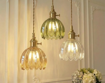 Ribbed Glass Pendant Light, Vintage Flower Hanging Lamp - Mid Century Kitchen Island