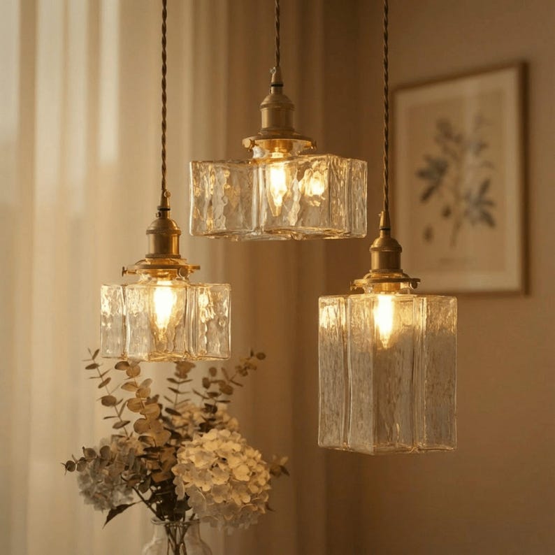 May include: Three pendant lights with textured glass shades and brass-coloured hardware hang from the ceiling. The shades are rectangular and emit a warm glow. A vase of flowers sits below the lights, adding a touch of nature to the scene.