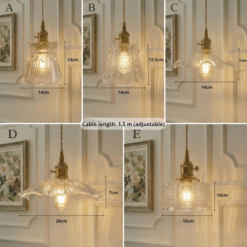 May include: Five different vintage-style pendant lights with clear glass shades and brass fixtures. The shades vary in shape and size, with dimensions ranging from 7 cm to 14 cm in height and 14 cm to 28 cm in width. The cable length is 1.5 m (adjustable).