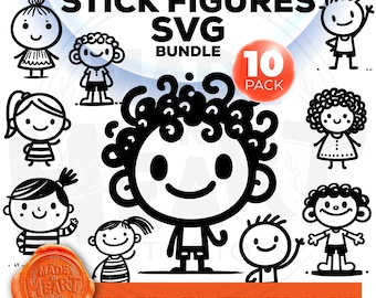 Cute Stick Figures SVG Bundle, Cartoon Kids (Digital Files)