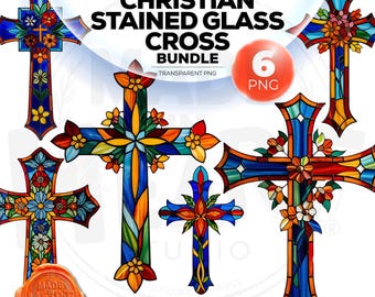Gebrandschilderd glas christelijk kruis PNG-bundel, bloemenmozaïek (digitale download)
