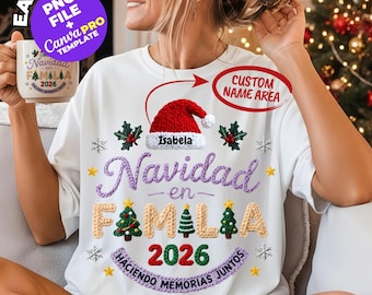 Personalized Navidad en Familia 2026 PNG, Custom Family Name Christmas Shirt Design, Mexican Holiday Reunion Clipart, Noel Canva Template