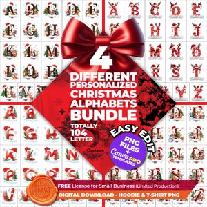 Könnte beinhalten: Ein Bundle mit vier verschiedenen personalisierten Weihnachts-Alphabet-Designs. Jeder Buchstabe ist mit festlichen Elementen wie Weihnachtsmützen und Rentieren verziert. Der Text "DIGITAL DOWNLOAD - HOODIE & T-SHIRT PNG" ist enthalten.
