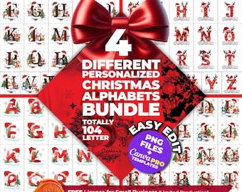 Personalized Christmas Alphabet PNG Bundle Pack, Ornament Letters Design