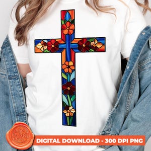 Floral Stained Glass Cross PNG, Christian Mosaic Digital Download, Vitray Style Faith Clipart, Jesus Cross Printable Art, Kirche Kreuz Bild