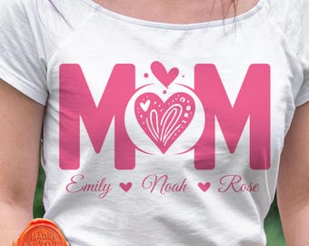 Personalized Mom Heart T-Shirt Design, Custom Names SVG (Digital Download)