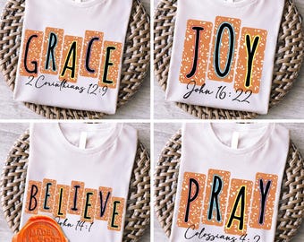 Retro Bible Verse PNG Bundle – Preppy Christian T-Shirt Design – Grace Joy Believe Pray PNG – Scripture Sublimation Clipart for Shirts