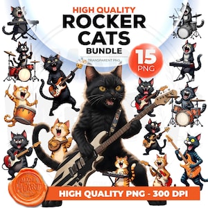 Rock Cats Band Png Bundle, Cat Music Group Design, Rock Player Cats Playing Instrument, Musician Cat Gift, Funny Rocker Cats 15 Pack Clipart