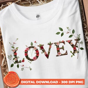 Descarga PNG floral rústica y encantadora, letras de flores silvestres por sublimación, transferencia termoadhesiva, arte romántico para camisetas, regalo de primavera para ella, diseño de camisetas para mamá