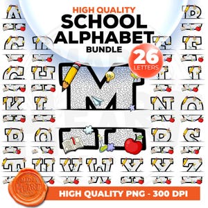 Pacote de alfabeto de volta às aulas PNG, pacote com 26 letras engraçadas, clipart de material escolar personalizado, letras escolares, alfabeto de professor, dia escolar PNG
