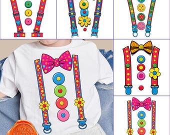 Clownshirt PNG-bundel, circuskostuumontwerpen voor kinderen, digitale T-shirt-clipart, verjaardagsoutfit opstrijkbaar, sublimatie voorschoolse verkleedpartij