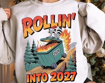 Rollin Into 2027 Funny Winter Raccoon PNG | Sarcastic New Year Retro Shirt Design | Digital Download