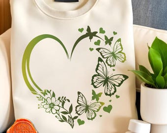 Green Butterfly Heart Svg, Floral Heart SVG for Iron on, Spring Nature SVG, Butterfly Clipart PNG, Svg Sublimation for Women Girls Kids