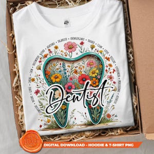 Camiseta de dentista floral bohemia PNG, descarga digital para sublimación, regalo para estudiantes de odontología PNG, lindo clipart de diente para diseño de camisetas y sudaderas