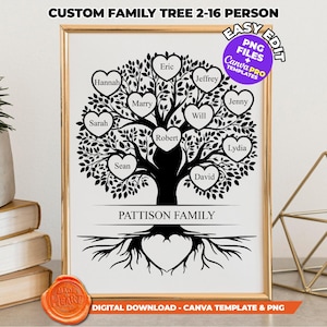 May include: A framed custom family tree design with a gold frame. The black tree features heart-shaped leaves with names and the text "PATTISON FAMILY". The top text reads "CUSTOM FAMILY TREE 2-16 PERSON". Includes "EASY EDIT" and "PNG FILES + Canva PRO TEMPLATES".