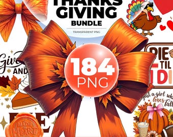 May include: A Thanksgiving digital clipart bundle with 184 images. The images include a turkey, a pumpkin, a pie, a bow, and fall leaves. The images are in PNG format and are 300 DPI. The images are 50 x 50 cm.
