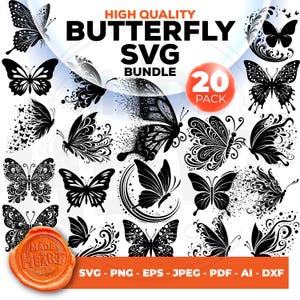 Op de afbeelding: Een set van 20 zwart-witte vlinder SVG-snijbestanden. De vlinders zijn in verschillende poses en stijlen, waaronder sommige met ingewikkelde details. De tekst "HIGH QUALITY BUTTERFLY SVG BUNDLE 20 PACK" staat bovenaan de afbeelding. De tekst "SVG - PNG - EPS - JPEG - PDF - AI - DXF" staat onderaan de afbeelding.