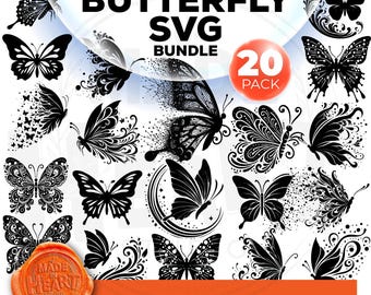 Butterfly SVG Bundle, Monarch Outline Vector Art (20 Pack) (Digital Download)