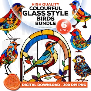 May include: A set of six colorful stained glass style bird illustrations. The birds are in various poses and have intricate details. The illustrations are perfect for crafting projects, scrapbooking, or digital design.