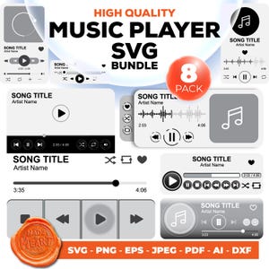 May include: A set of eight music player icons in a gray and white color scheme. The icons include a play button, pause button, rewind button, fast forward button, volume control, and a progress bar. The icons are designed in a modern, minimalist style. The text "HIGH QUALITY MUSIC PLAYER SVG BUNDLE 8 PACK" is displayed at the top of the image.
