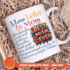 Taza con carta de amor para mamá (diseño digital, PNG), almohada para el Día de la Madre, regalo de agradecimiento para mamá, regalo inspirador para mamá, diseño elegante para mamá