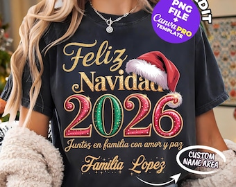 Feliz Navidad 2026 Family Name Template | Personalized Mexican Christmas Custom Family Reunion PNG