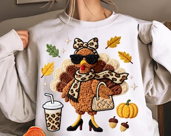 Leopard Turkey PNG, Faux Embroidery Thanksgiving Design (Digital Download)