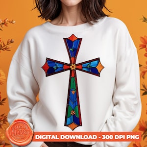 Vitrail Croix Fleurs PNG, Stained Glass Cross PNG, Kreuzmosaik Clipart, Cristal Religioso Diseño, Holy Mosaic Cross for Christian Shirt