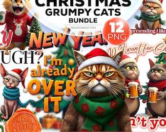 Sarcastic Christmas Cat PNG Bundle, Grumpy Xmas Cat Clipart (Digital Download)