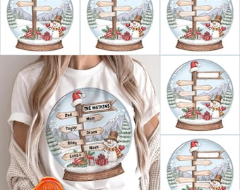 Personalized Family Christmas Snow Globe PNG Bundle, Custom 2–7 Names Signpost Sublimation, Holiday T-Shirt & Sweatshirt Digital Download
