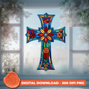 Croce in vetro colorato floreale in formato PNG, croce trasparente colorata, download digitale di arte per finestre, clipart di simboli cristiani decorativi, PNG a 300 DPI