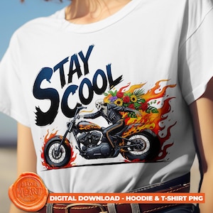 Stay Cool Skeleton Biker PNG, Digital Motorcycle Rider with Flames and Flowers, Summer Iron-On Transfer Design for T-Shirts and Hoodies