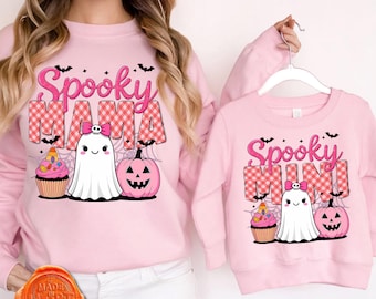 Spooky Mama Mini PNG, Halloween Matching Ghost Mom and Kid Design, Cute Pink Pumpkin Sweatshirt Clipart, Halloween Hoodie Sublimation File