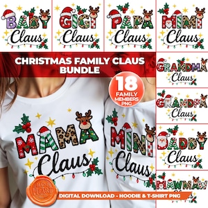Op de afbeelding: Witte T-shirts met Claus-familieleden ontwerpen met kerstthema. De ontwerpen omvatten "Baby Claus", "Gigi Claus", "Papa Claus", "Mimi Claus", "Mama Claus" en "Mini Claus". Elk ontwerp bevat feestelijke elementen zoals kerstmutsen, rendieren en lichtslingers. De afbeelding bevat ook de tekst "Christmas Family Claus Bundle".