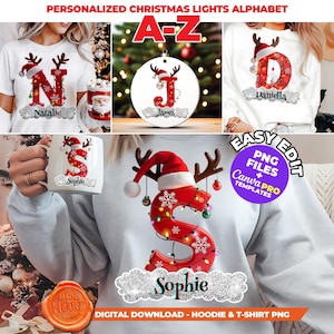 Pode incluir: Uma colagem de itens de Natal personalizados. A imagem apresenta uma camiseta branca, uma caneca e um moletom, cada um exibindo uma letra do alfabeto decorada com chifres de rena, um gorro de Papai Noel e luzes. O texto "PERSONALIZED CHRISTMAS LIGHTS ALPHABET" está no topo.