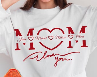 Personalized Mom I Love You T-shirt Design, Mom Heart Tee, Customizable Names Mom Gift, Mothers Day Tee Svg, Gift for Mom, Digital Download