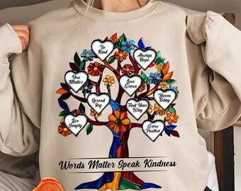 Words Matter Speak Kindness Tree PNG, Inspirational Quote shirt Design, Stained Glass Heart Sublimation, Positive T-Shirt Design Download
