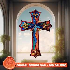 Decorazione per chiesa in vetro colorato PNG, Clipart di croce floreale, Download digitale di arte murale cristiana, Sublimazione in chiesa, PNG trasparente a 300 DPI