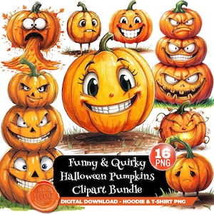 May include: A selection of cartoon pumpkins in shades of orange, each with a unique facial expression. Some are stacked, others are individual. The image includes text: "Funny & Quirky Halloween Pumpkins Clipart Bundle".
